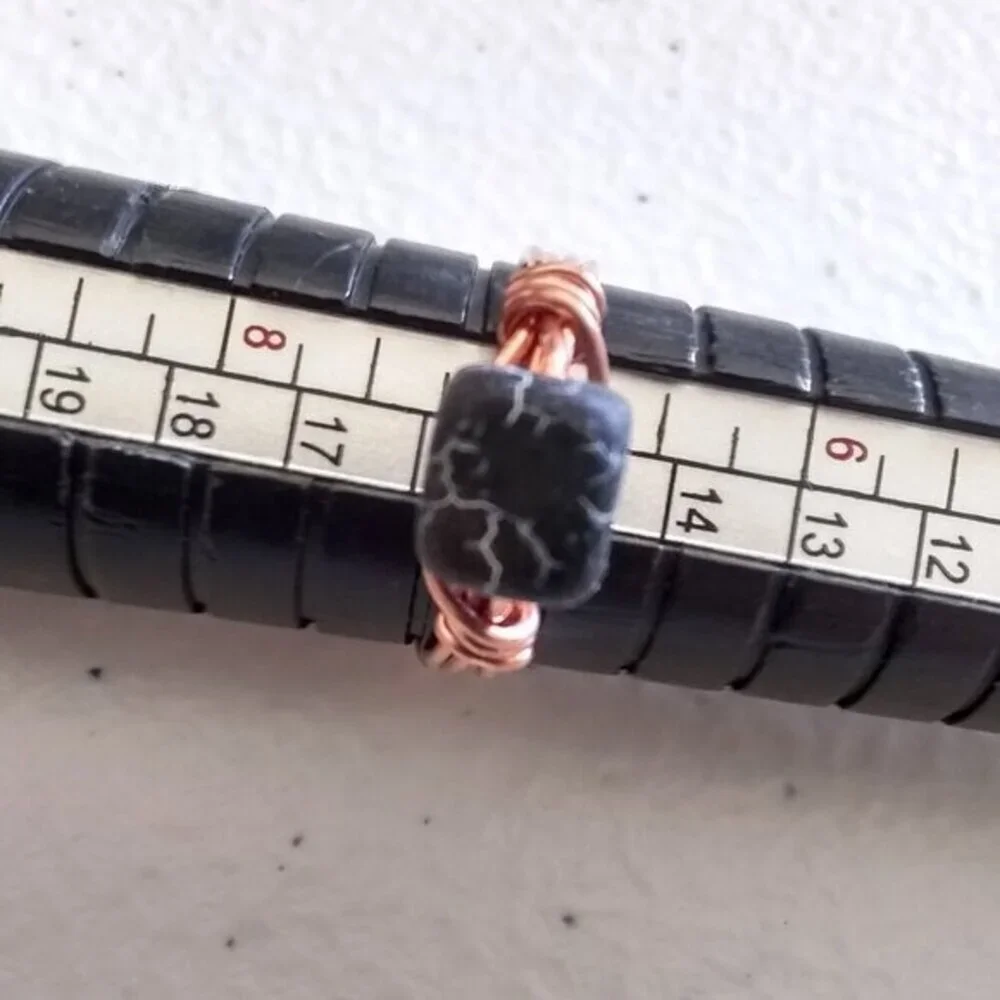 Size 7 - Frosted Black Dragonvein Cube + Copper Wire Ring! Goth Punk Grunge Rock